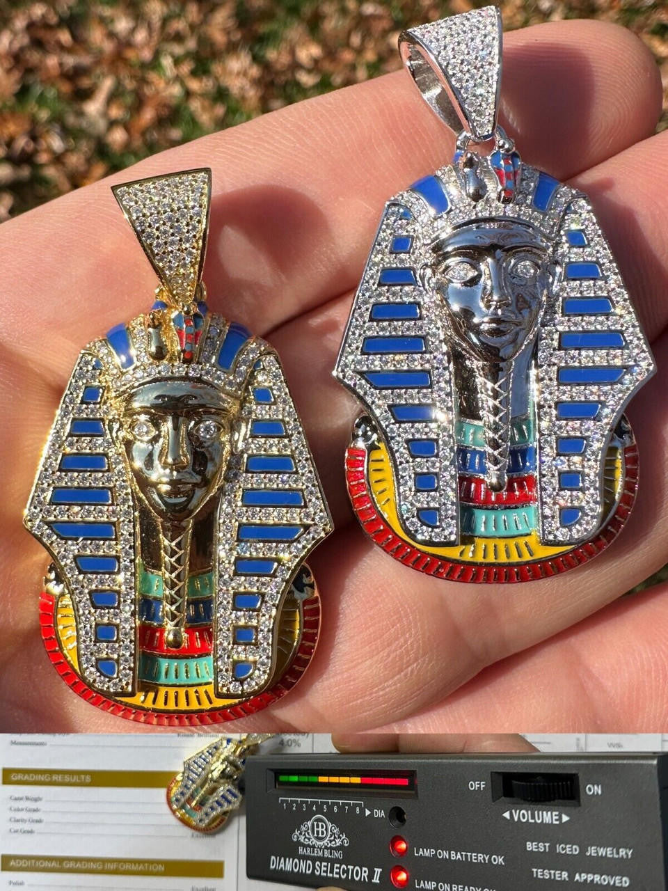 MOISSANITE Kig Tut Egyptian Pharoah W. Enamel Pendant - 14k Gold Vermeil Or 925 Silver - Medium 2"
