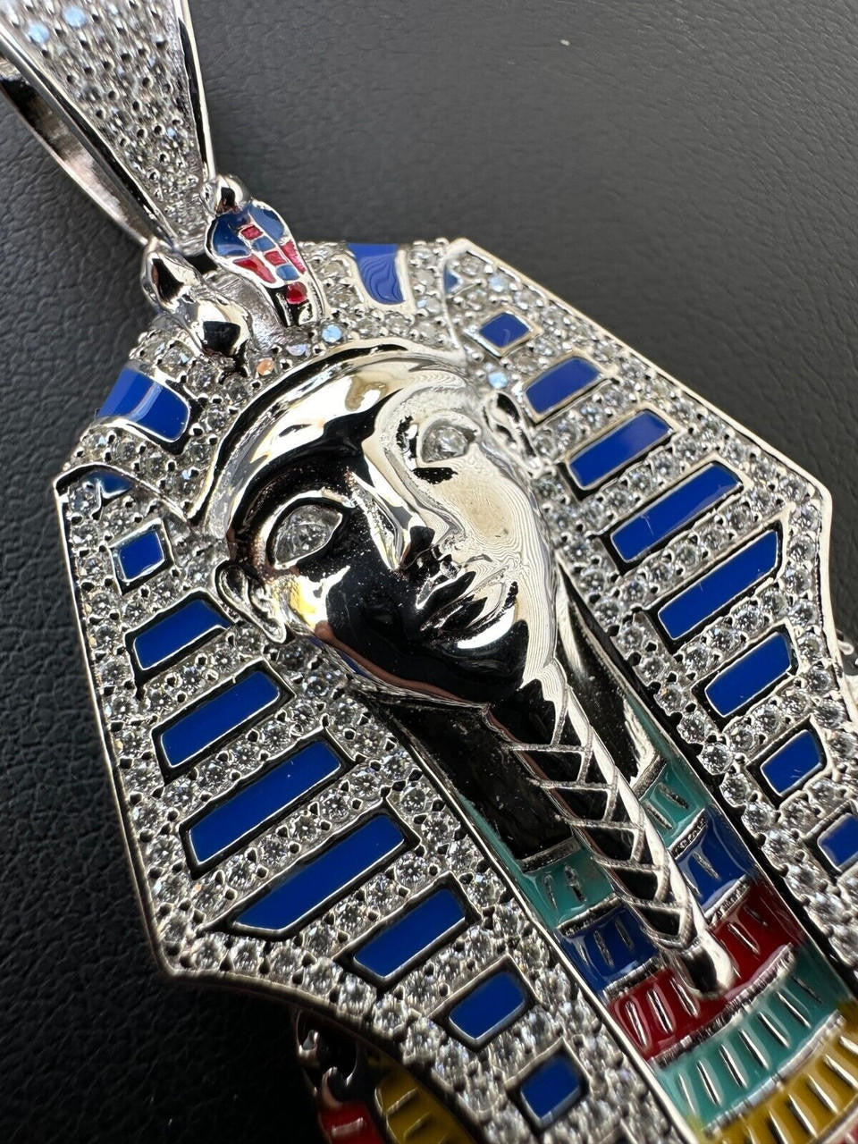 MOISSANITE Kig Tut Egyptian Pharoah W. Enamel Pendant - 14k Gold Vermeil Or 925 Silver - Medium 2"