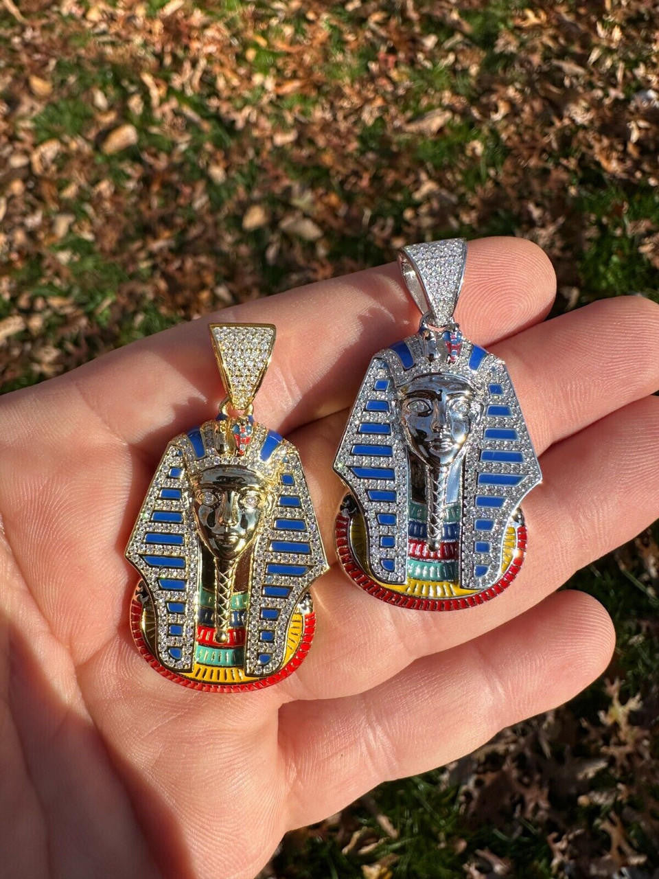 MOISSANITE Kig Tut Egyptian Pharoah W. Enamel Pendant - 14k Gold Vermeil Or 925 Silver - Medium 2"
