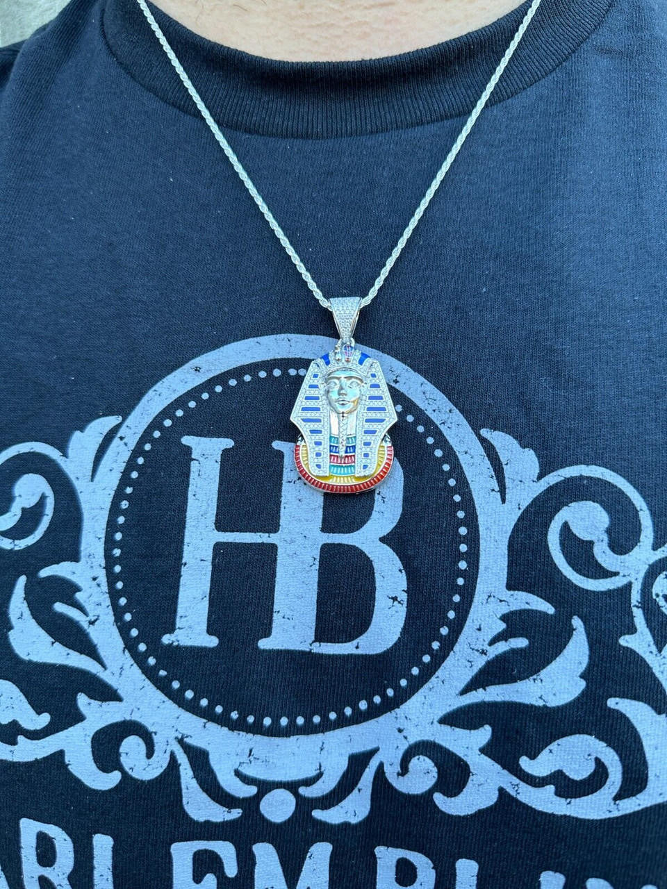 MOISSANITE Kig Tut Egyptian Pharoah W. Enamel Pendant - 14k Gold Vermeil Or 925 Silver - Medium 2"