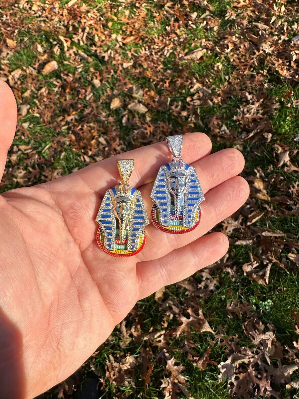 MOISSANITE Kig Tut Egyptian Pharoah W. Enamel Pendant - 14k Gold Vermeil Or 925 Silver - Medium 2"