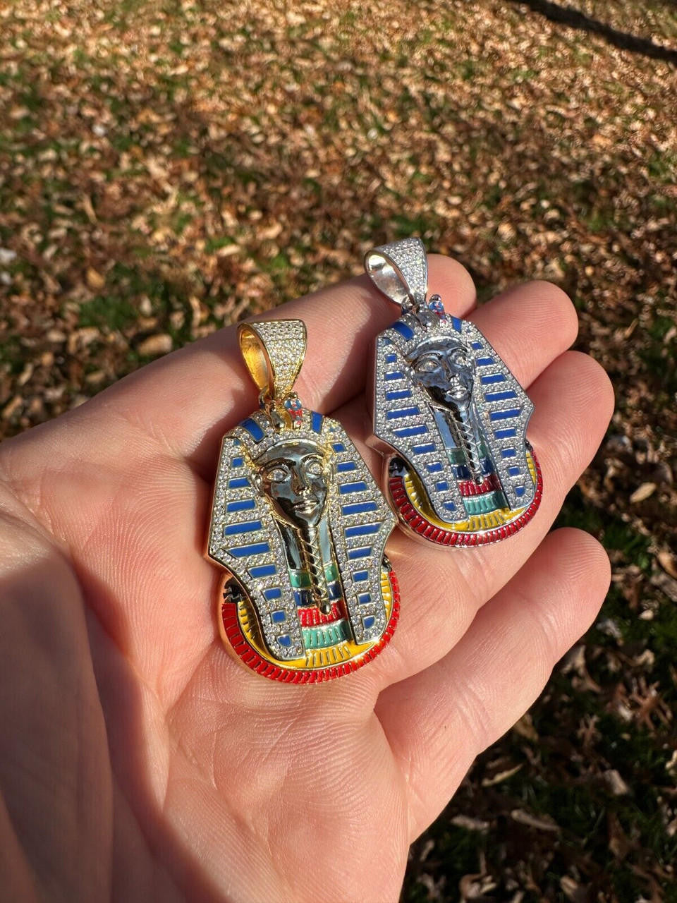 MOISSANITE Kig Tut Egyptian Pharoah W. Enamel Pendant - 14k Gold Vermeil Or 925 Silver - Medium 2"