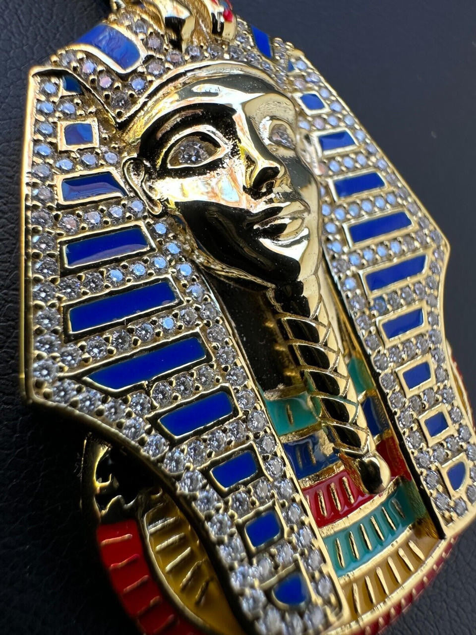 MOISSANITE Kig Tut Egyptian Pharoah W. Enamel Pendant - 14k Gold Vermeil Or 925 Silver - Medium 2"