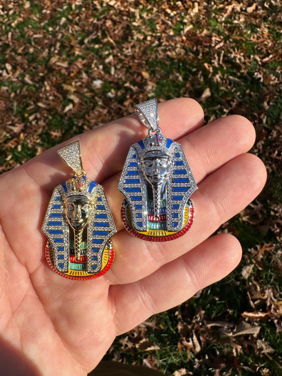 MOISSANITE Kig Tut Egyptian Pharoah W. Enamel Pendant - 14k Gold Vermeil Or 925 Silver - Medium 2"