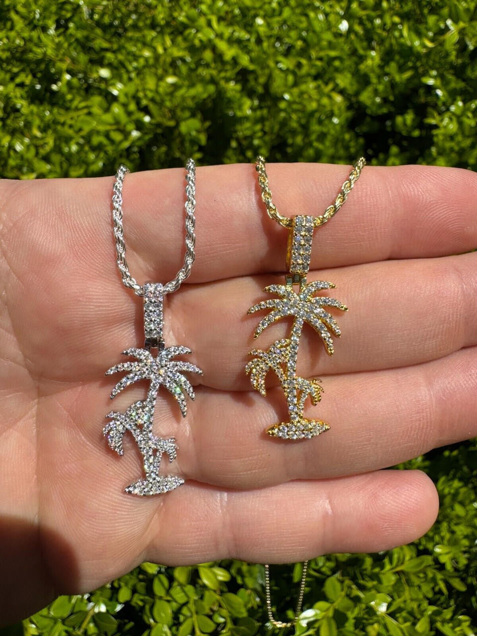 MOISSANITE Palm Tree Iced Out Pendant - 14k Gold Vermeil Or 925 Silver - Small 1.5"