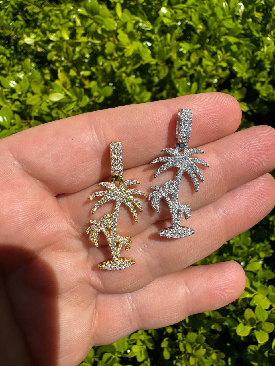 MOISSANITE Palm Tree Iced Out Pendant - 14k Gold Vermeil Or 925 Silver - Small 1.5"