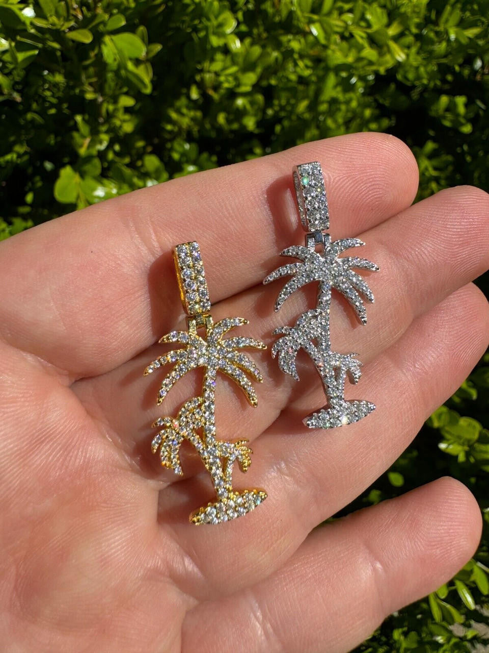 MOISSANITE Palm Tree Iced Out Pendant - 14k Gold Vermeil Or 925 Silver - Small 1.5"