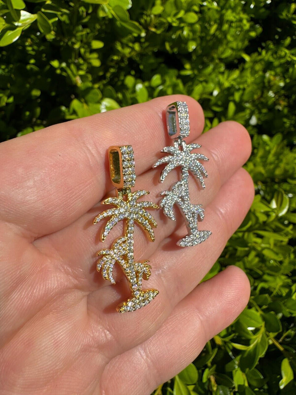 MOISSANITE Palm Tree Iced Out Pendant - 14k Gold Vermeil Or 925 Silver - Small 1.5"