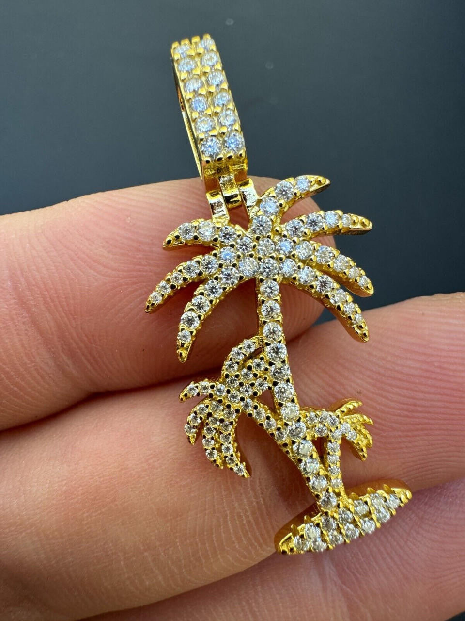MOISSANITE Palm Tree Iced Out Pendant - 14k Gold Vermeil Or 925 Silver - Small 1.5"