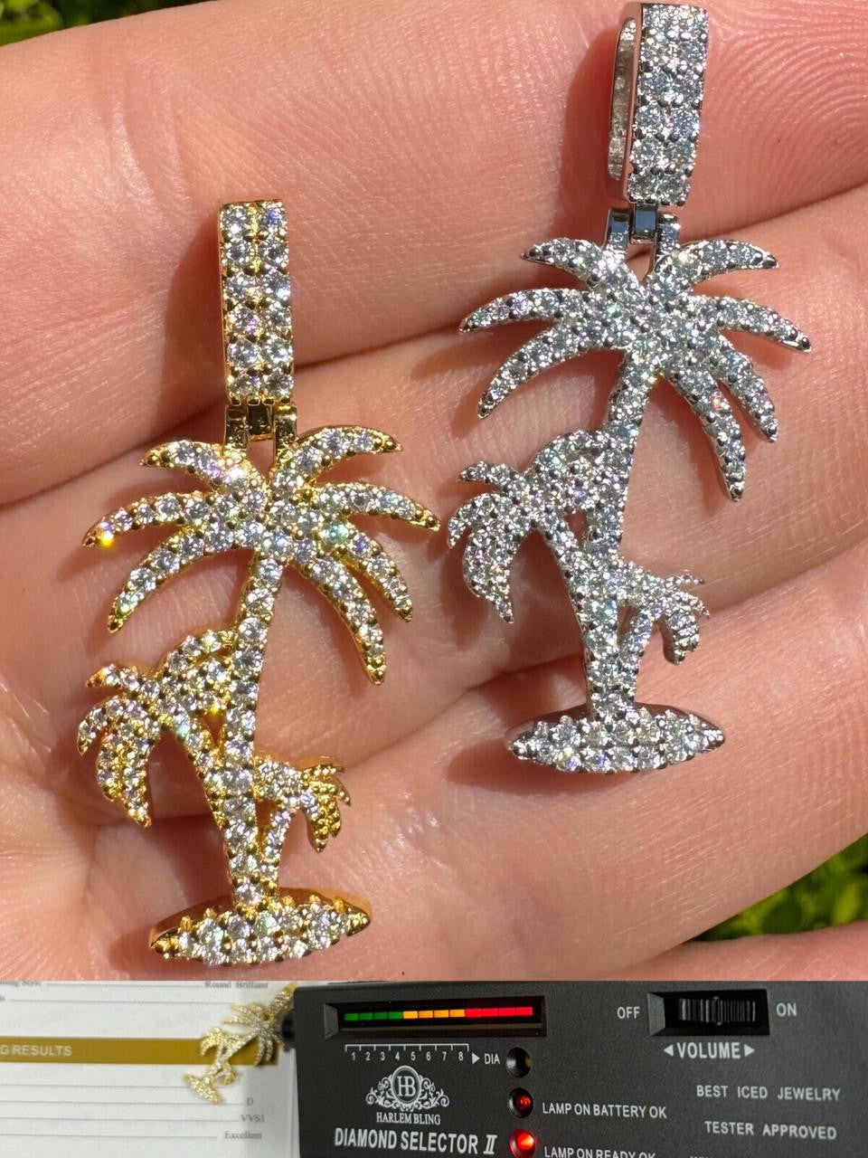 MOISSANITE Palm Tree Iced Out Pendant - 14k Gold Vermeil Or 925 Silver - Small 1.5"