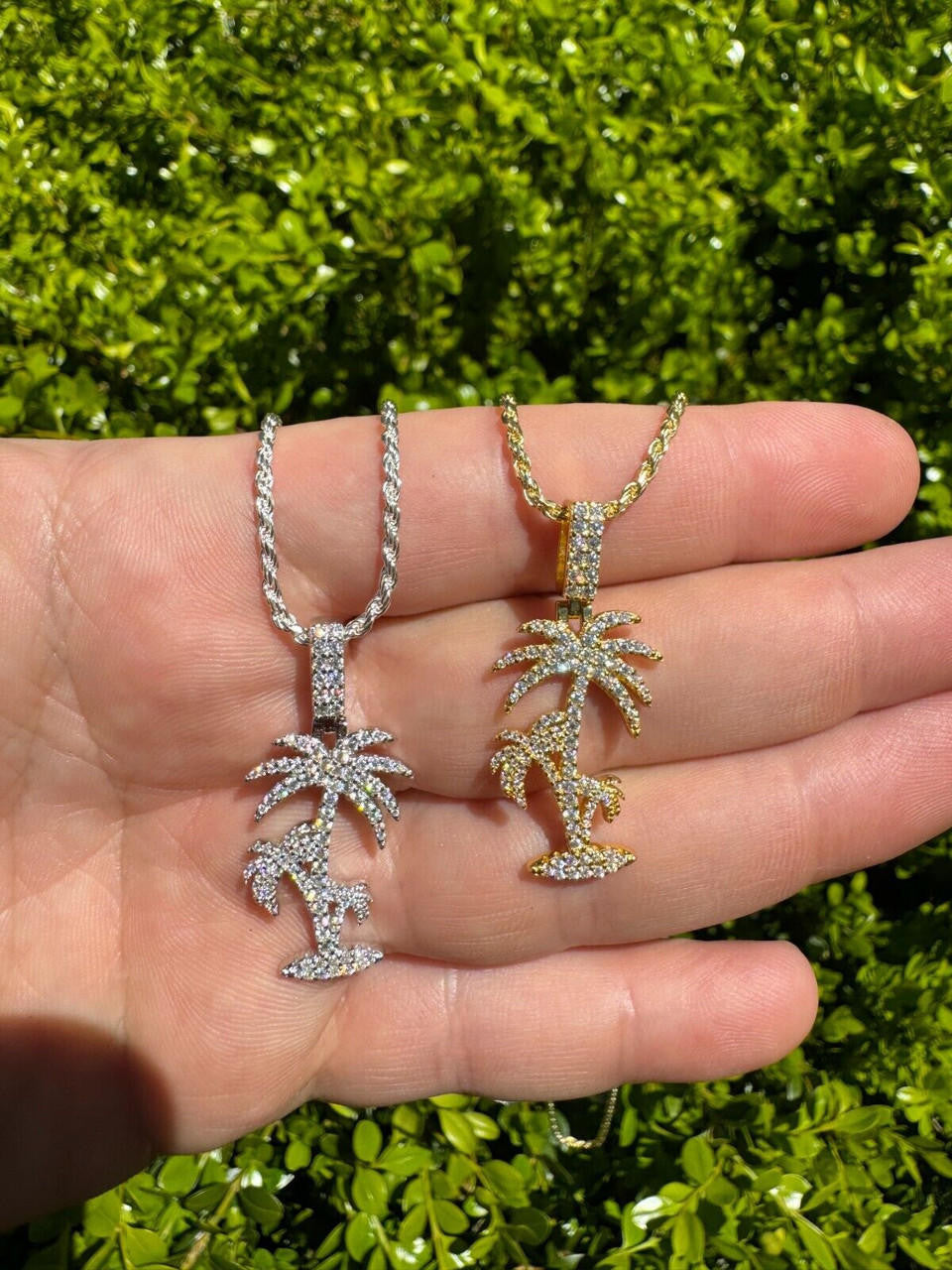 MOISSANITE Palm Tree Iced Out Pendant - 14k Gold Vermeil Or 925 Silver - Small 1.5"