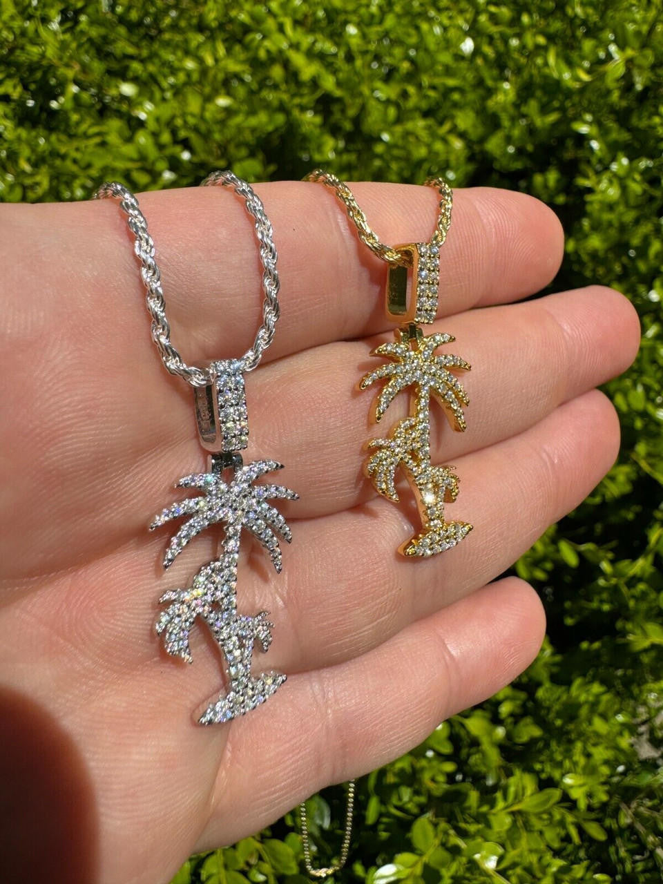MOISSANITE Palm Tree Iced Out Pendant - 14k Gold Vermeil Or 925 Silver - Small 1.5"