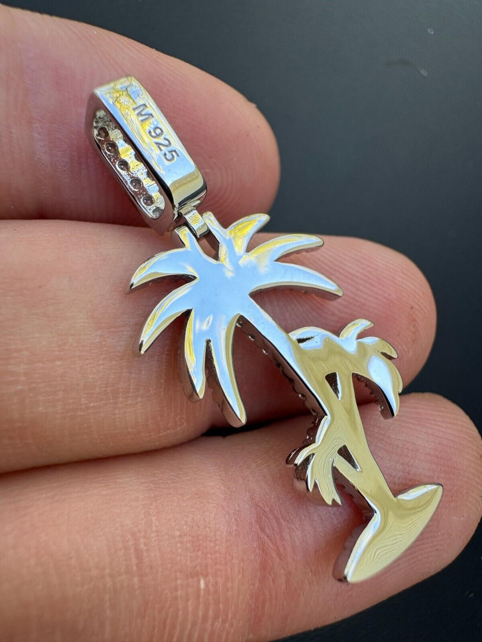MOISSANITE Palm Tree Iced Out Pendant - 14k Gold Vermeil Or 925 Silver - Small 1.5"