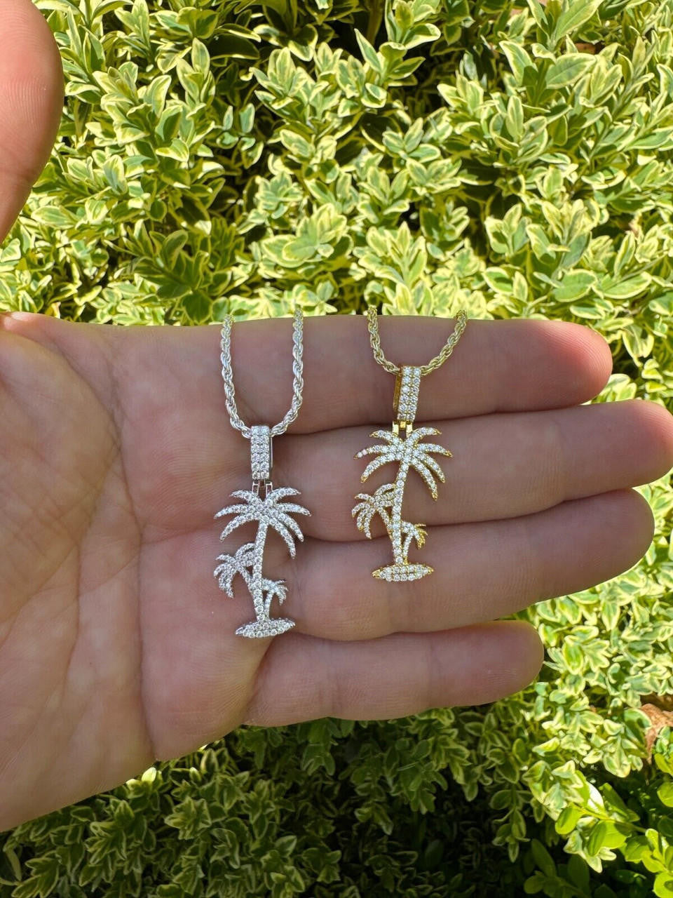 MOISSANITE Palm Tree Iced Out Pendant - 14k Gold Vermeil Or 925 Silver - Small 1.5"