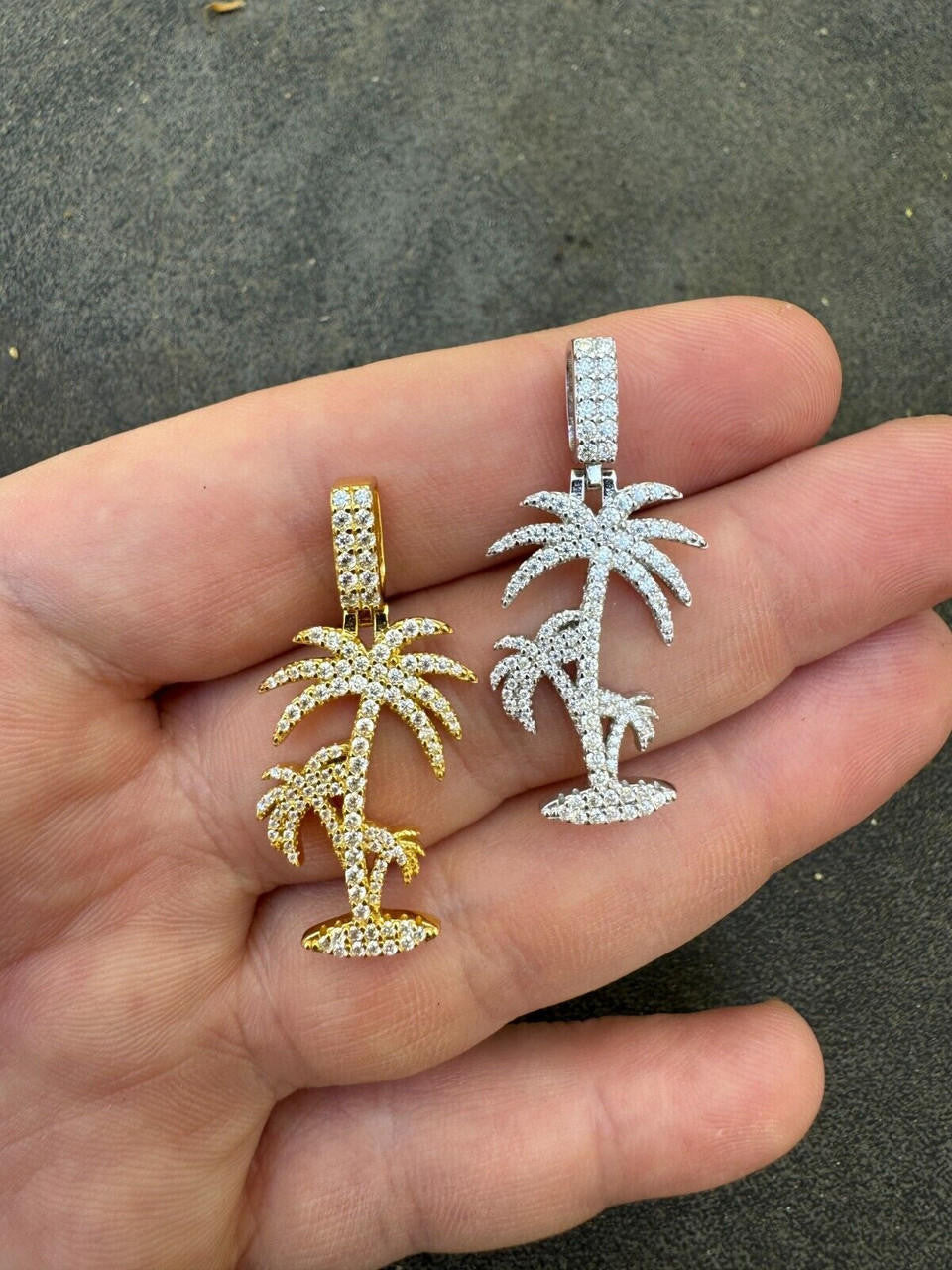MOISSANITE Palm Tree Iced Out Pendant - 14k Gold Vermeil Or 925 Silver - Small 1.5"