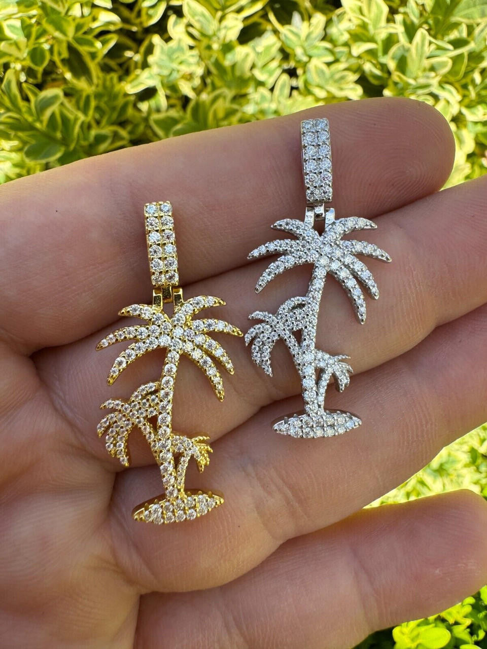 MOISSANITE Palm Tree Iced Out Pendant - 14k Gold Vermeil Or 925 Silver - Small 1.5"