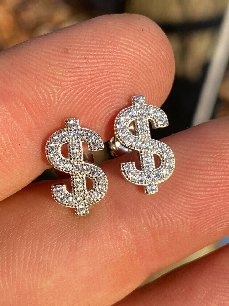 MOISSANITE Dollar Sign Iced Out Earrings - 925 Silver - 7x13mm