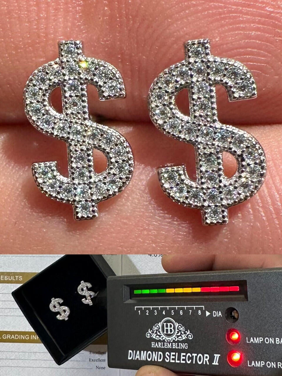 MOISSANITE Dollar Sign Iced Out Earrings - 925 Silver - 7x13mm