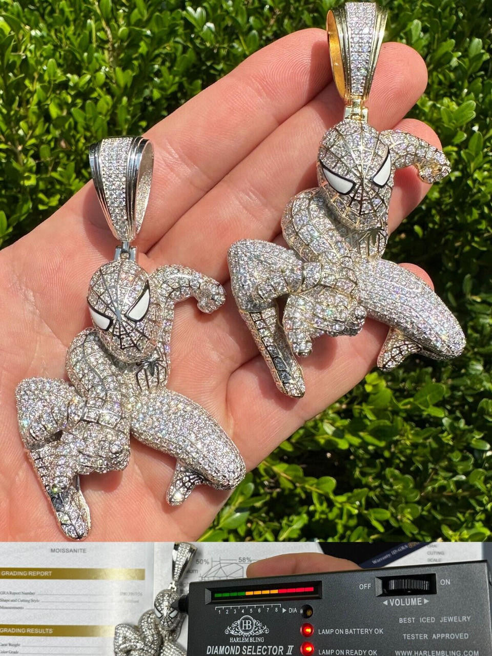 MOISSANITE Spiderman Iced Out Pendant - 14k Gold Vermeil Or 925 Silver - Large 2.5"