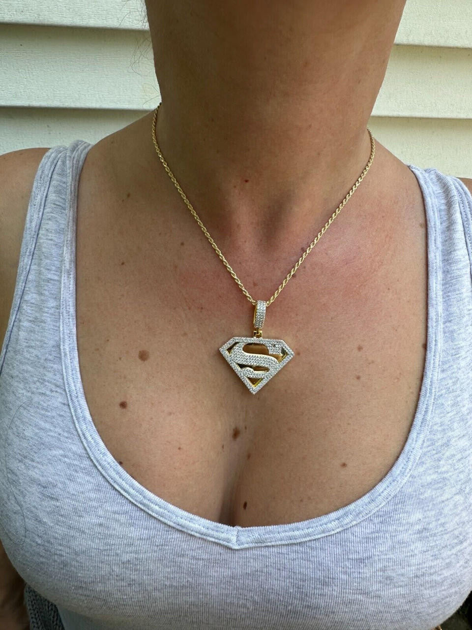 MOISSANITE SUPERMAN Hip Hop Logo Pendant - 14k Gold Vermeil Or 925 Silver - Small 1.5"
