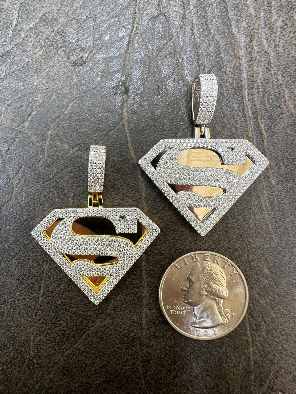 MOISSANITE SUPERMAN Hip Hop Logo Pendant - 14k Gold Vermeil Or 925 Silver - Small 1.5"