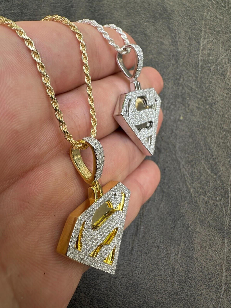 MOISSANITE SUPERMAN Hip Hop Logo Pendant - 14k Gold Vermeil Or 925 Silver - Small 1.5"
