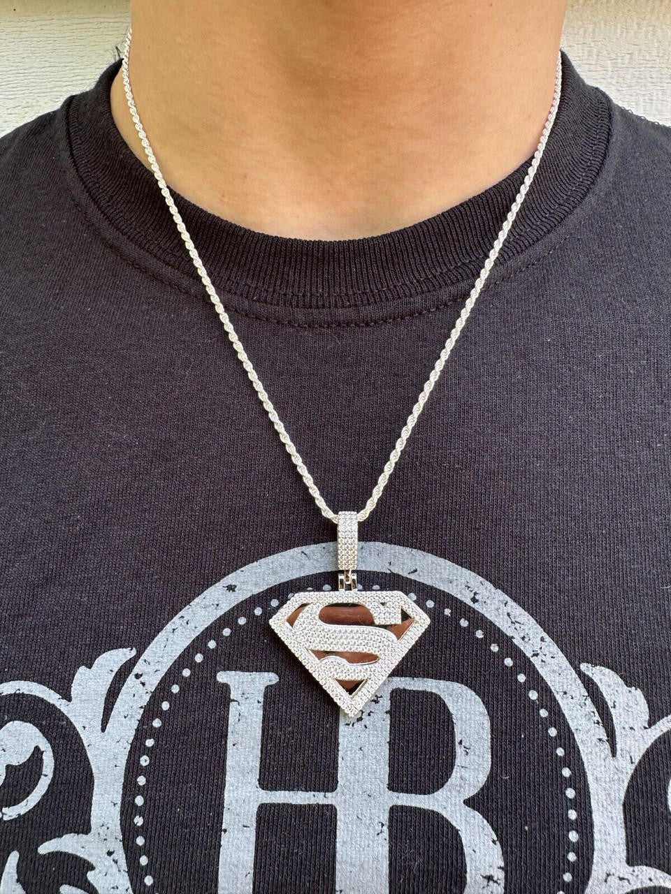 MOISSANITE SUPERMAN Hip Hop Logo Pendant - 14k Gold Vermeil Or 925 Silver - Small 1.5"