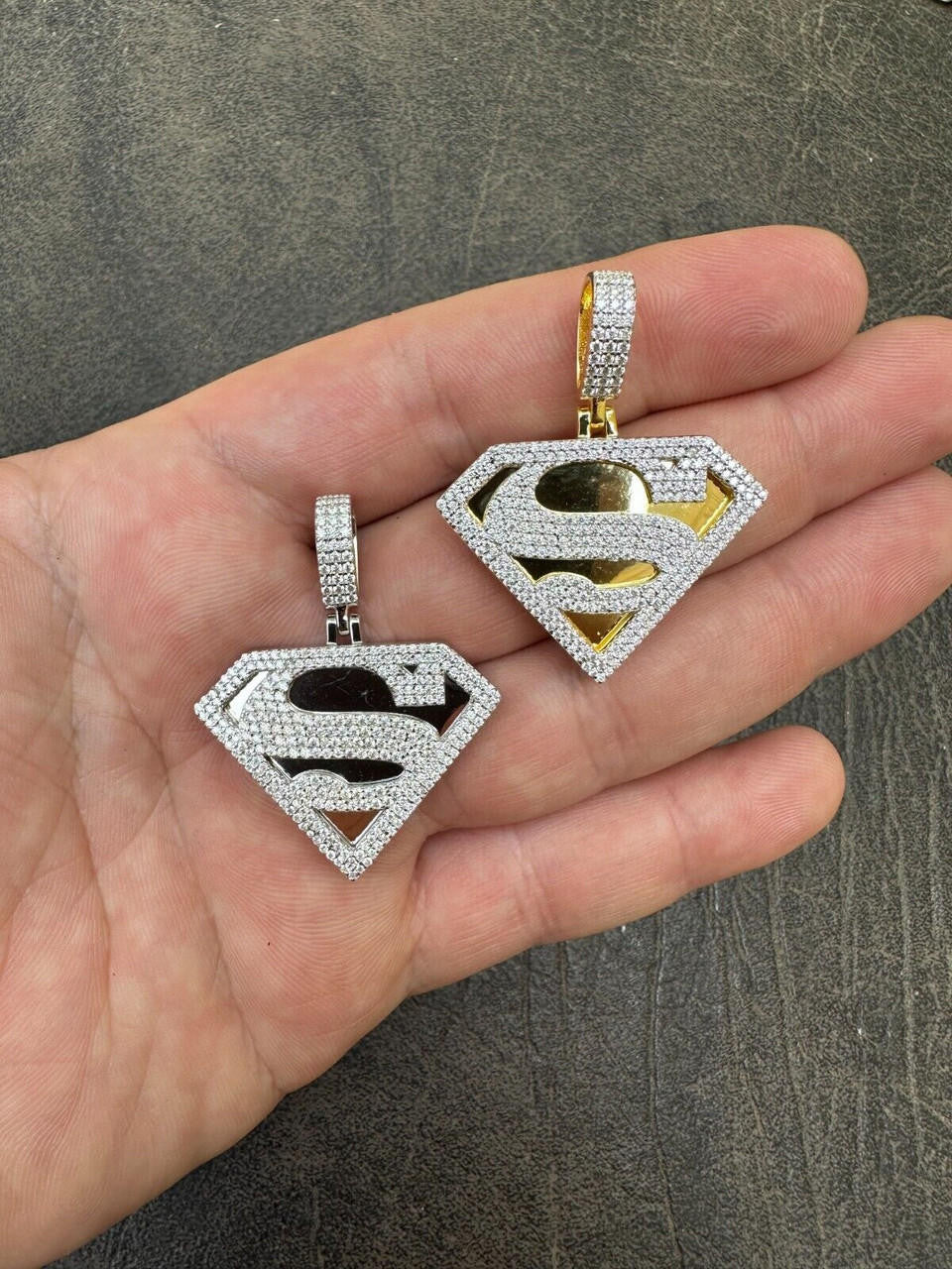 MOISSANITE SUPERMAN Hip Hop Logo Pendant - 14k Gold Vermeil Or 925 Silver - Small 1.5"