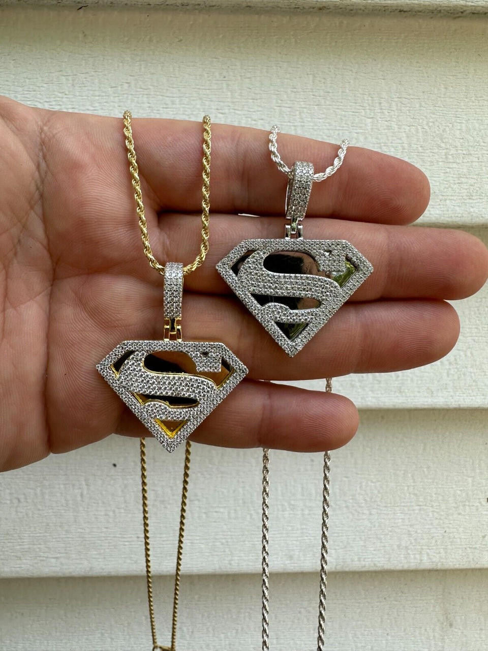MOISSANITE SUPERMAN Hip Hop Logo Pendant - 14k Gold Vermeil Or 925 Silver - Small 1.5"