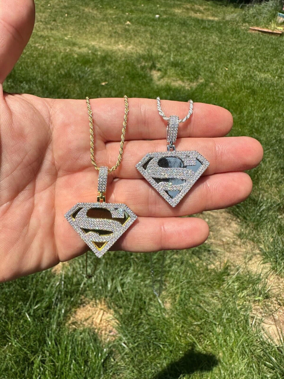 MOISSANITE SUPERMAN Hip Hop Logo Pendant - 14k Gold Vermeil Or 925 Silver - Small 1.5"