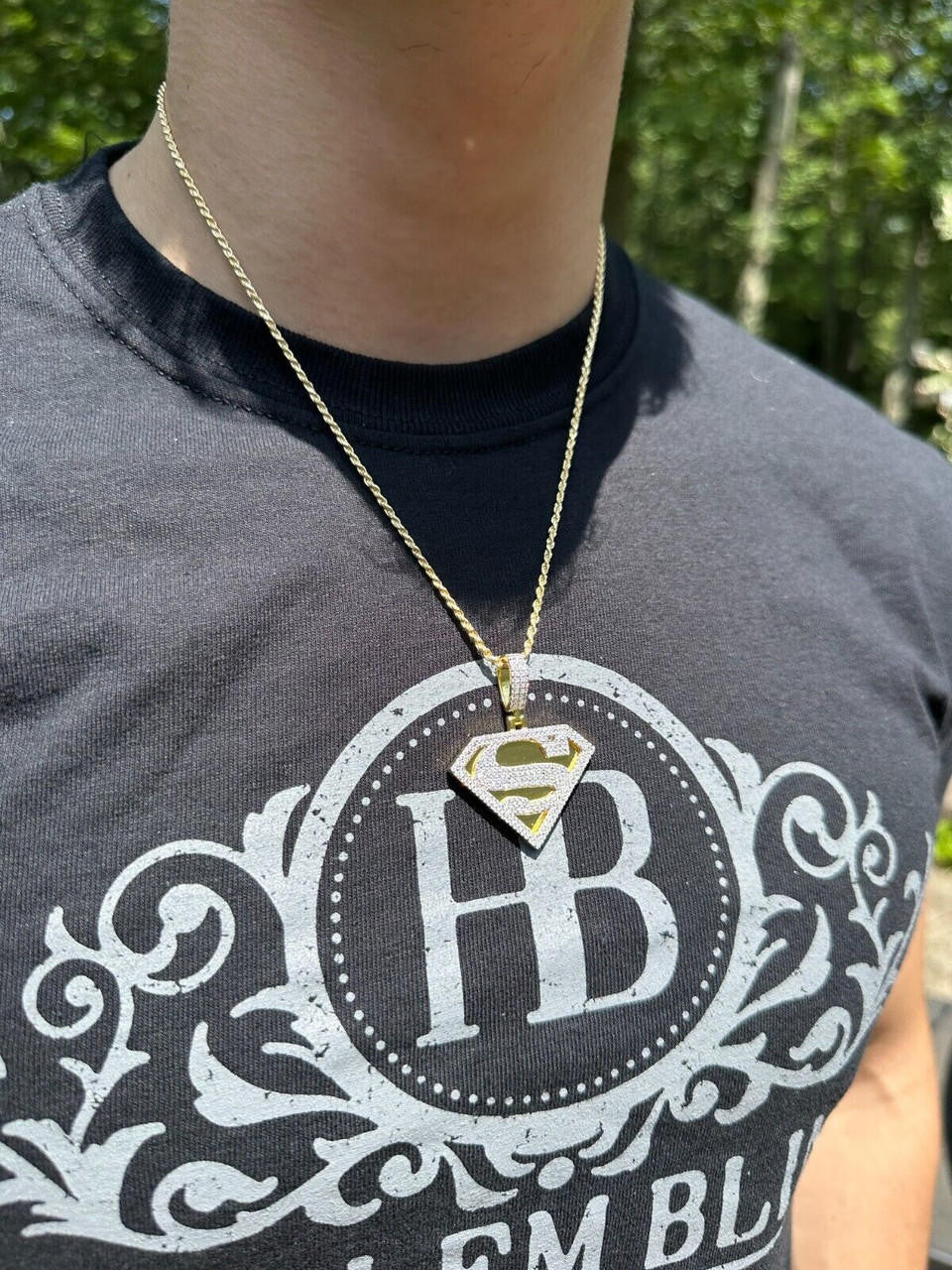 MOISSANITE SUPERMAN Hip Hop Logo Pendant - 14k Gold Vermeil Or 925 Silver - Small 1.5"