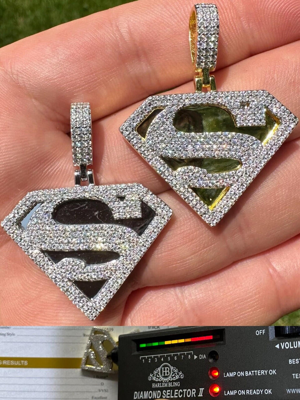 MOISSANITE SUPERMAN Hip Hop Logo Pendant - 14k Gold Vermeil Or 925 Silver - Small 1.5"