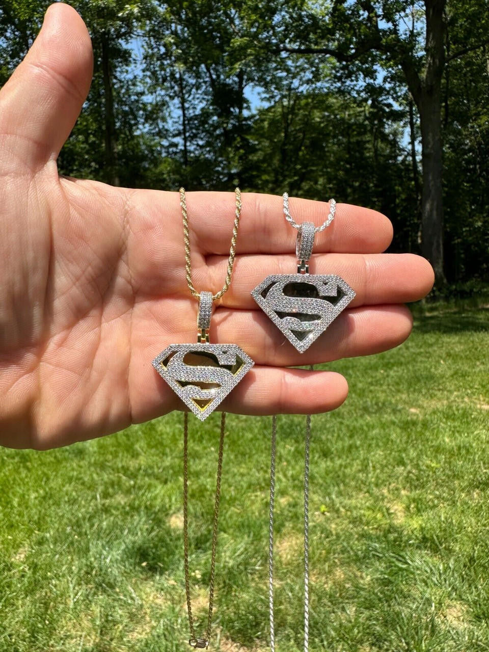 MOISSANITE SUPERMAN Hip Hop Logo Pendant - 14k Gold Vermeil Or 925 Silver - Small 1.5"