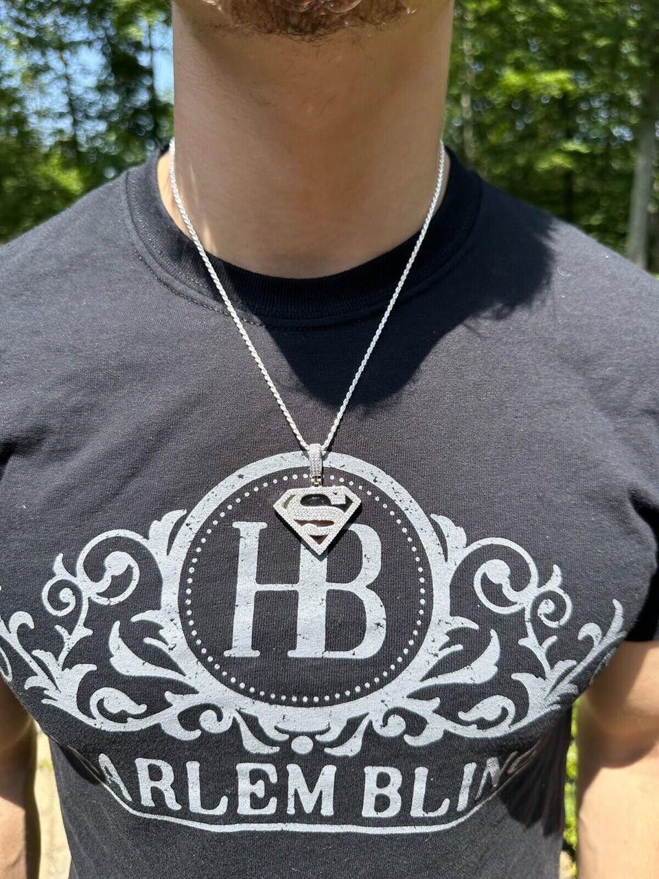 MOISSANITE SUPERMAN Hip Hop Logo Pendant - 14k Gold Vermeil Or 925 Silver - Small 1.5"