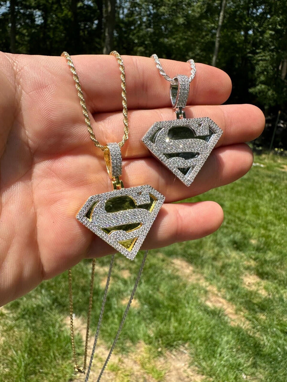 MOISSANITE SUPERMAN Hip Hop Logo Pendant - 14k Gold Vermeil Or 925 Silver - Small 1.5"
