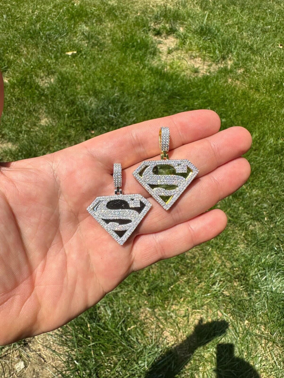 MOISSANITE SUPERMAN Hip Hop Logo Pendant - 14k Gold Vermeil Or 925 Silver - Small 1.5"