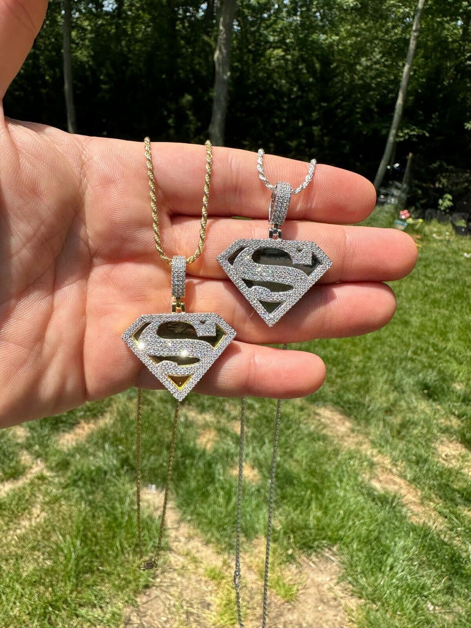 MOISSANITE SUPERMAN Hip Hop Logo Pendant - 14k Gold Vermeil Or 925 Silver - Small 1.5"