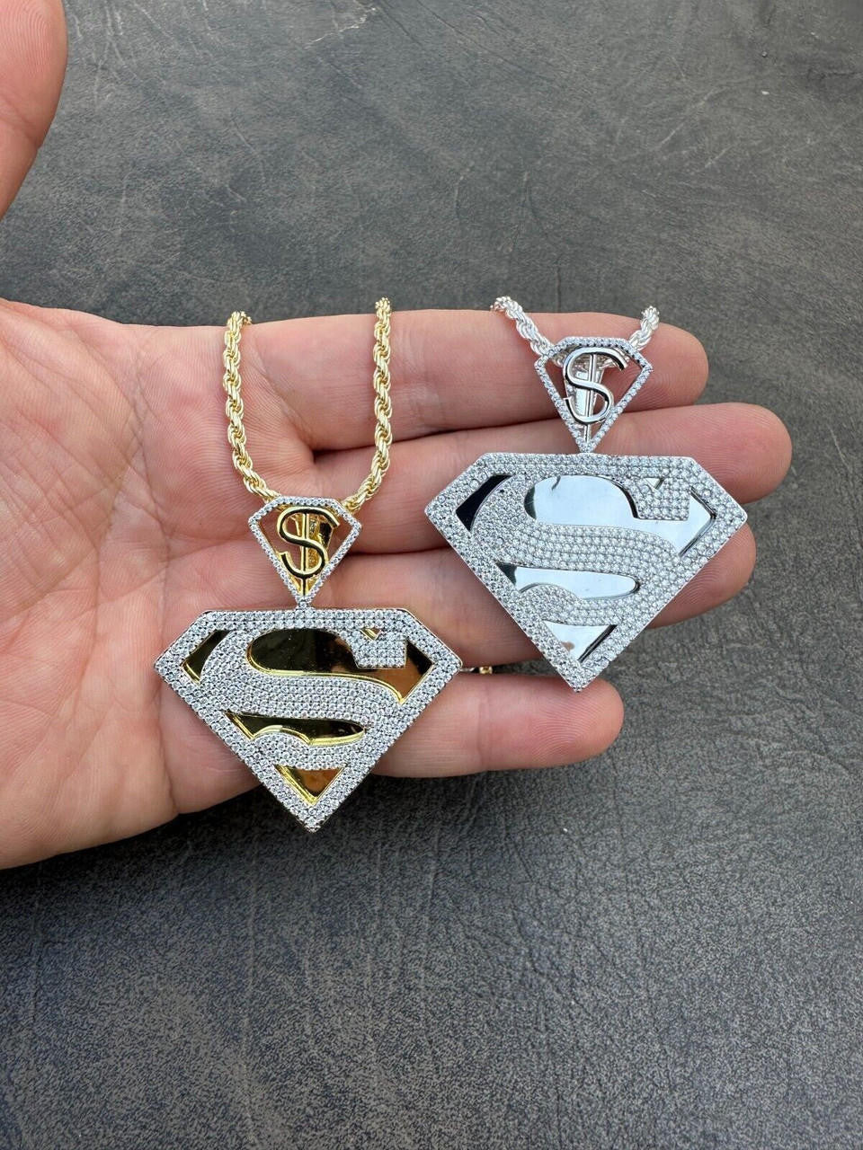 MOISSANITE SUPERMAN Superhero Pendant - 14k Gold Vermeil Or 925 Silver - Medium 2"