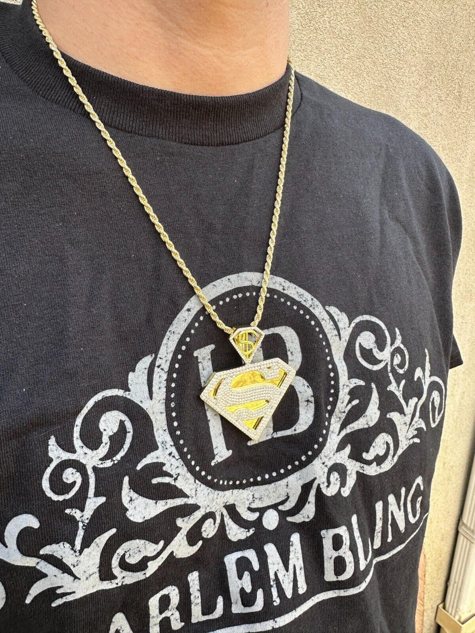 MOISSANITE SUPERMAN Superhero Pendant - 14k Gold Vermeil Or 925 Silver - Medium 2"