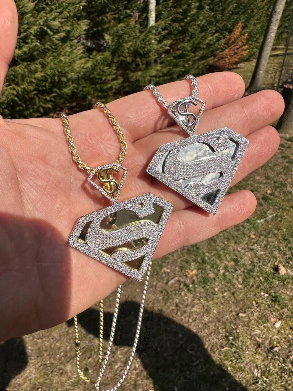 MOISSANITE SUPERMAN Superhero Pendant - 14k Gold Vermeil Or 925 Silver - Medium 2"