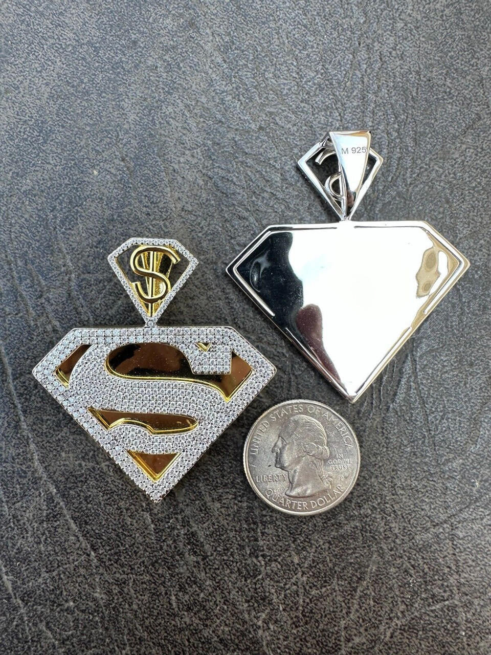 MOISSANITE SUPERMAN Superhero Pendant - 14k Gold Vermeil Or 925 Silver - Medium 2"