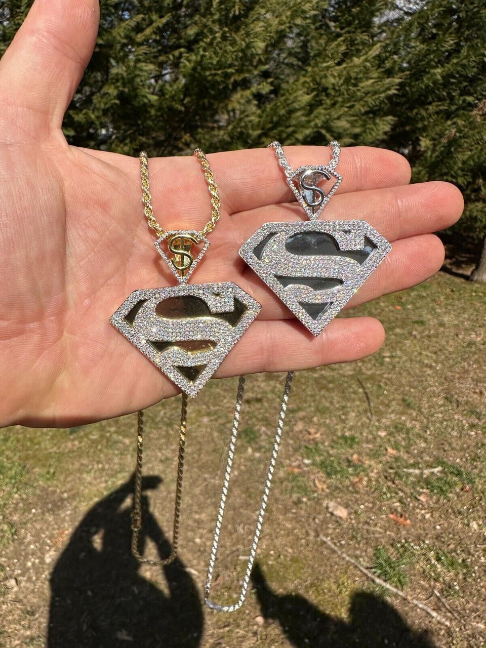 MOISSANITE SUPERMAN Superhero Pendant - 14k Gold Vermeil Or 925 Silver - Medium 2"