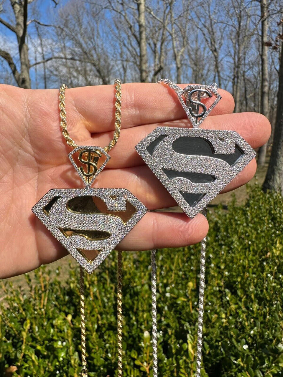 MOISSANITE SUPERMAN Superhero Pendant - 14k Gold Vermeil Or 925 Silver - Medium 2"