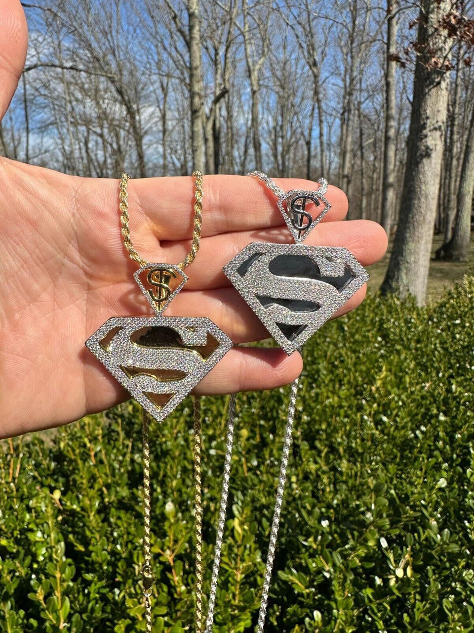 MOISSANITE SUPERMAN Superhero Pendant - 14k Gold Vermeil Or 925 Silver - Medium 2"