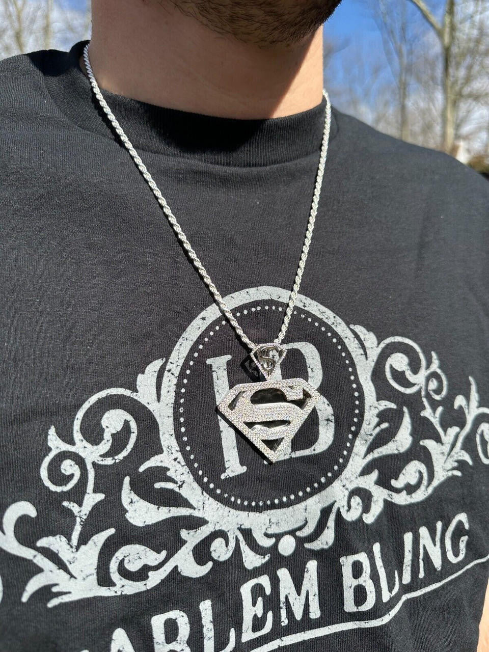 MOISSANITE SUPERMAN Superhero Pendant - 14k Gold Vermeil Or 925 Silver - Medium 2"