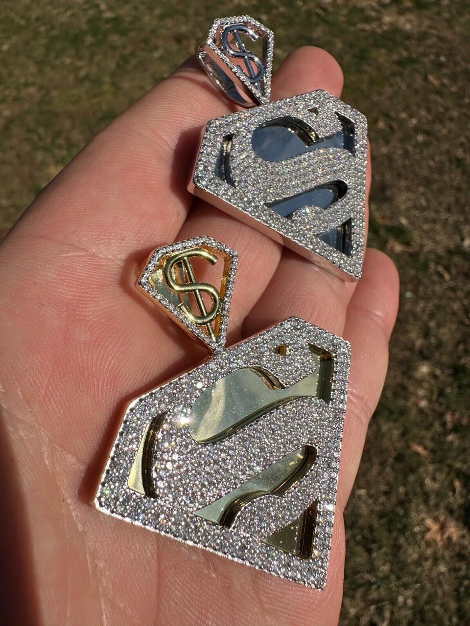 MOISSANITE SUPERMAN Superhero Pendant - 14k Gold Vermeil Or 925 Silver - Medium 2"