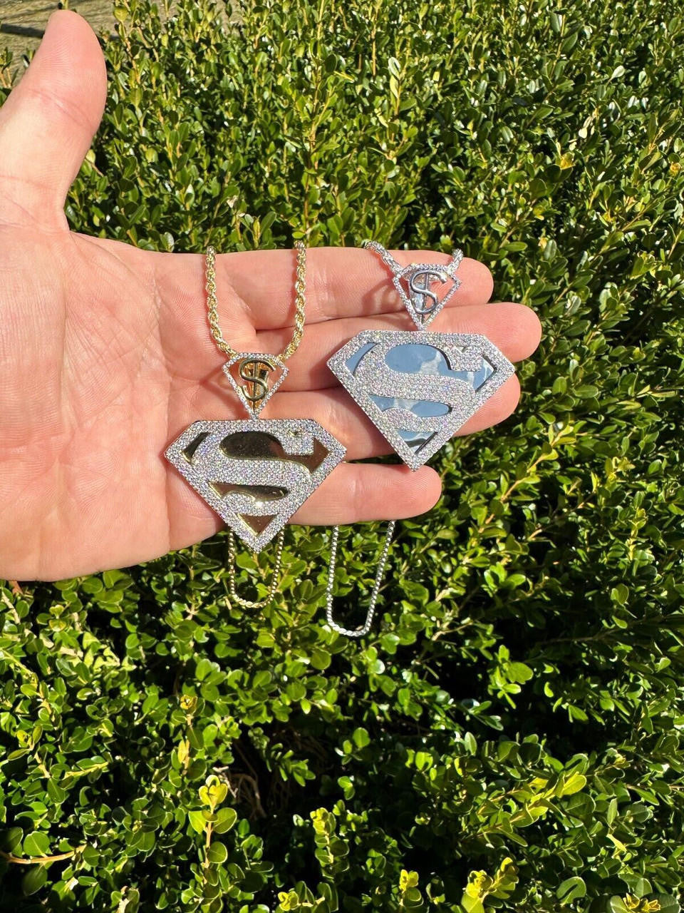 MOISSANITE SUPERMAN Superhero Pendant - 14k Gold Vermeil Or 925 Silver - Medium 2"