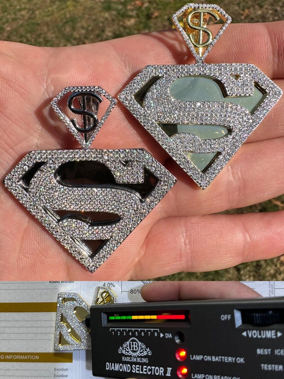 MOISSANITE SUPERMAN Superhero Pendant - 14k Gold Vermeil Or 925 Silver - Medium 2"