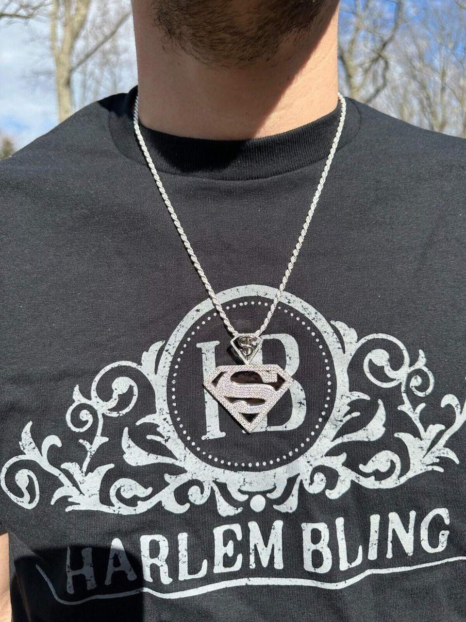MOISSANITE SUPERMAN Superhero Pendant - 14k Gold Vermeil Or 925 Silver - Medium 2"