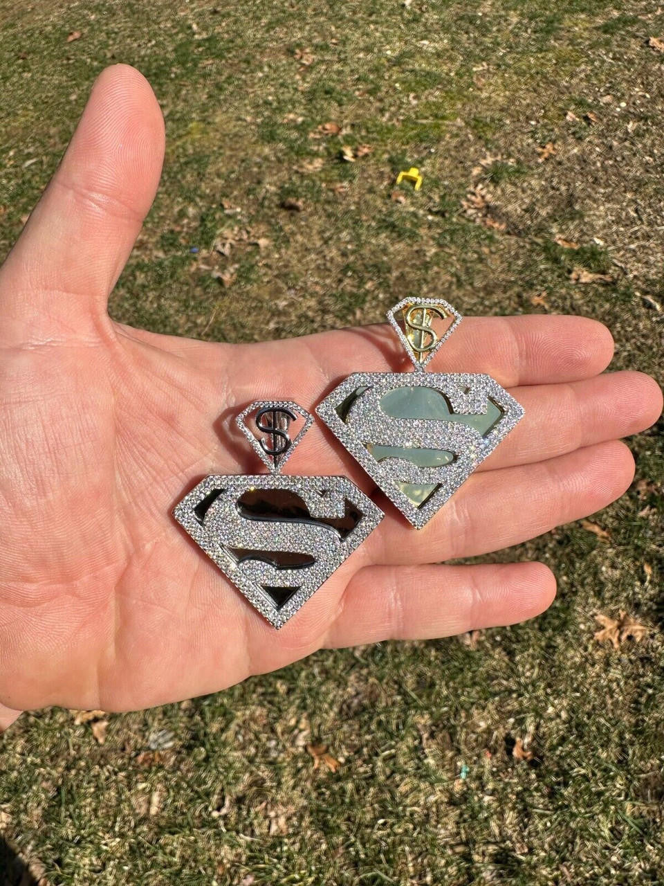 MOISSANITE SUPERMAN Superhero Pendant - 14k Gold Vermeil Or 925 Silver - Medium 2"